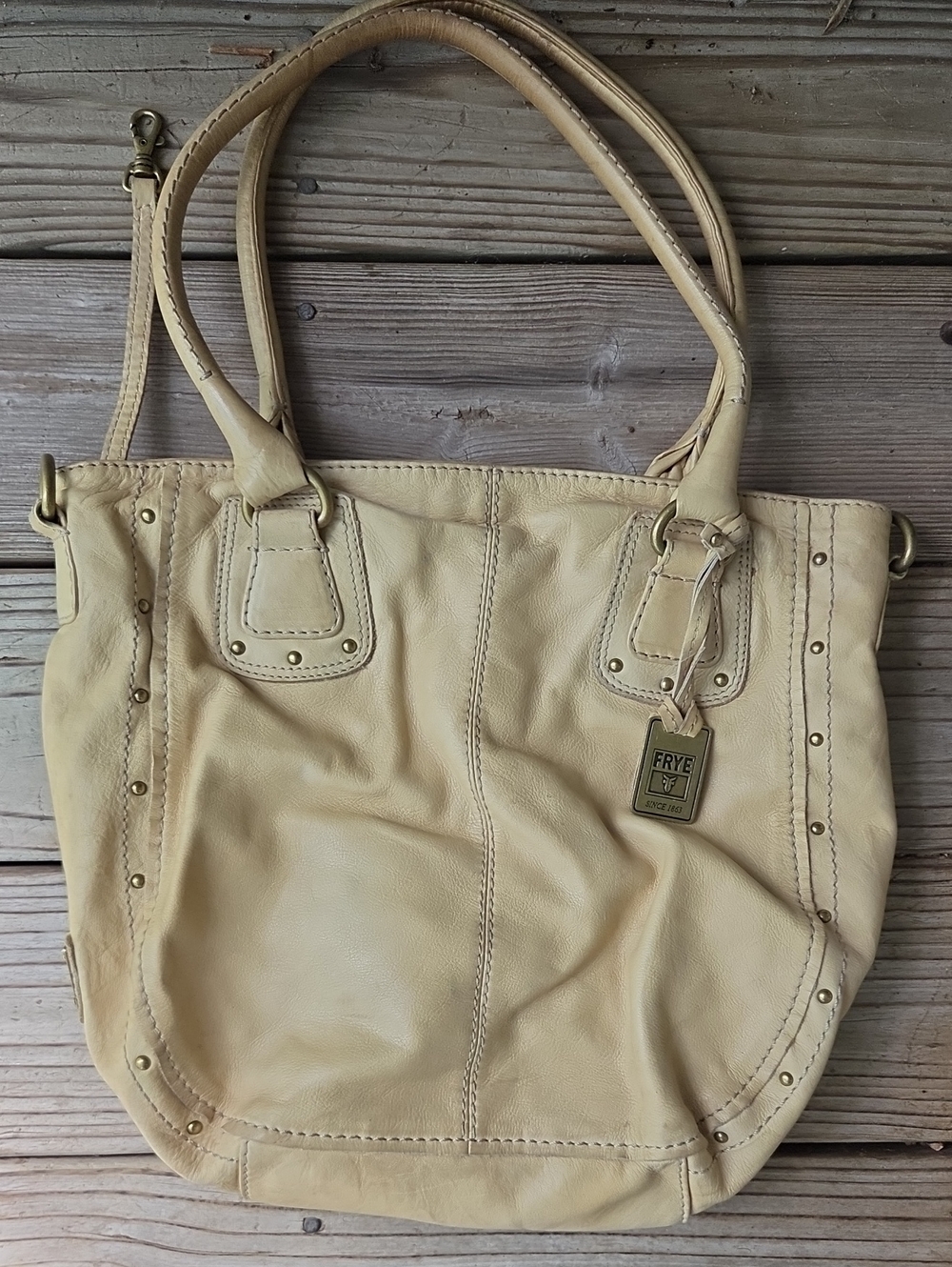 Frye Cream Leather Tote w/ Brass Stud Accents